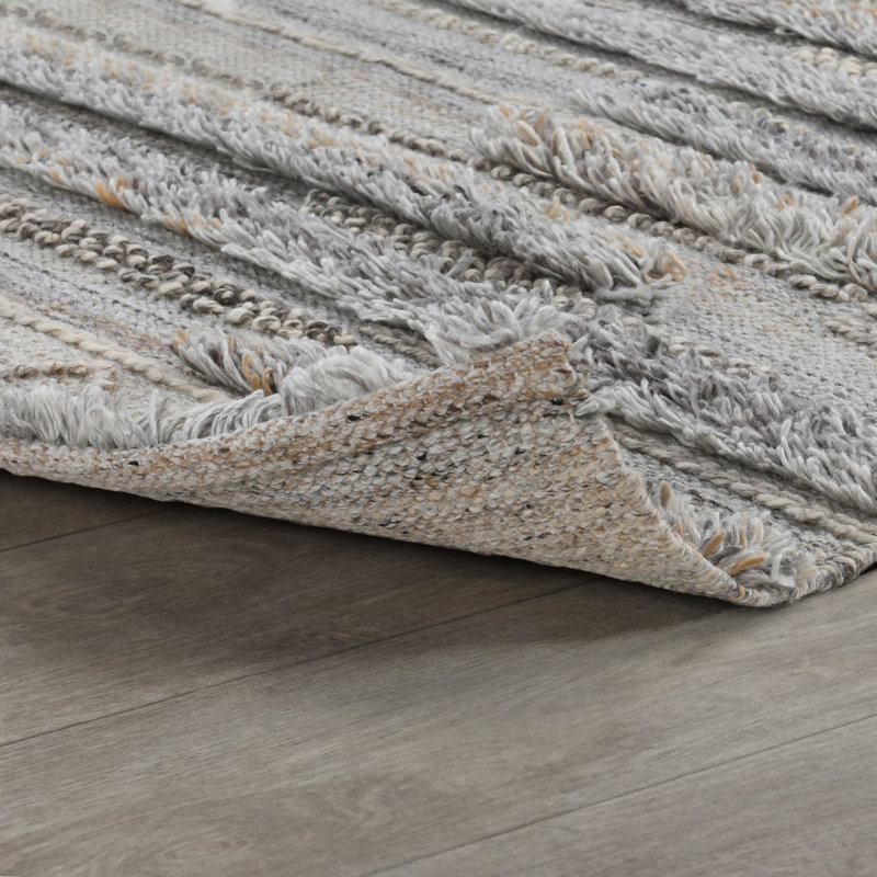 Gray Handwoven Rectangular Wool and Synthetic Stripe Rug