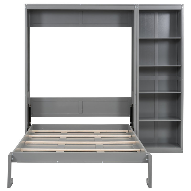 Lit gris avec tablettes de rangement et porte-matelas - Mur peu encombrant pour petits appartements, Gris, Lit double