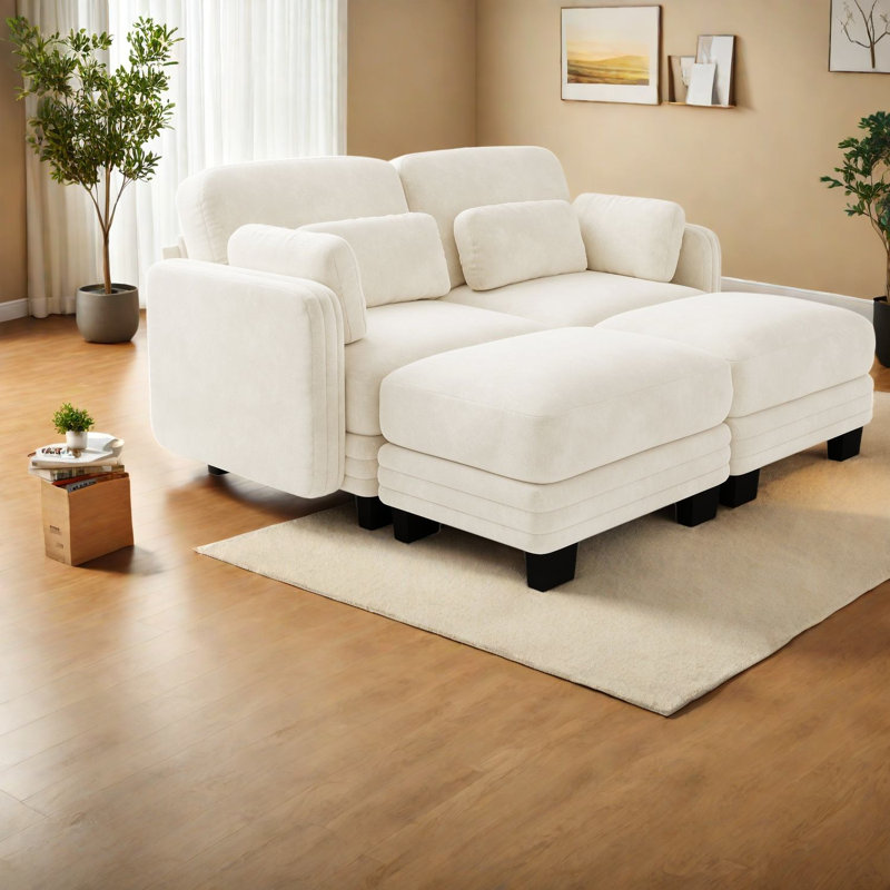 Canapés d'angle à compression, causeuse modulaire beige en chenille, intérieur moderne et compact