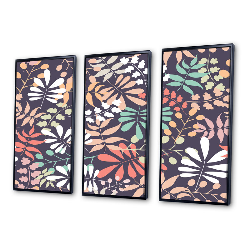 " Retro Botanical Pattern II " 3 - Pieces, Black Framed, 28" H x 36" W x 1" D