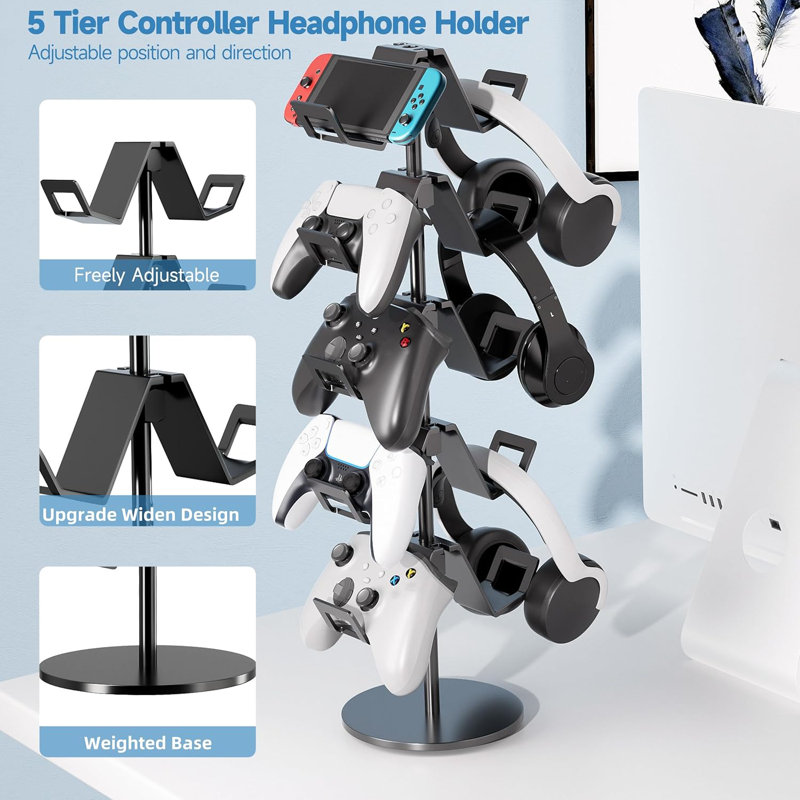 Controller Stand,5 Tier Controller Headphone Holder For Universal Headsets And Controllers,Black,1 Pack