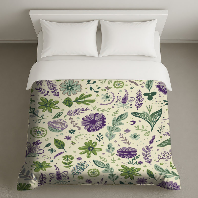 Housses de couette à motif floral mauve et vert, Très grand lit
