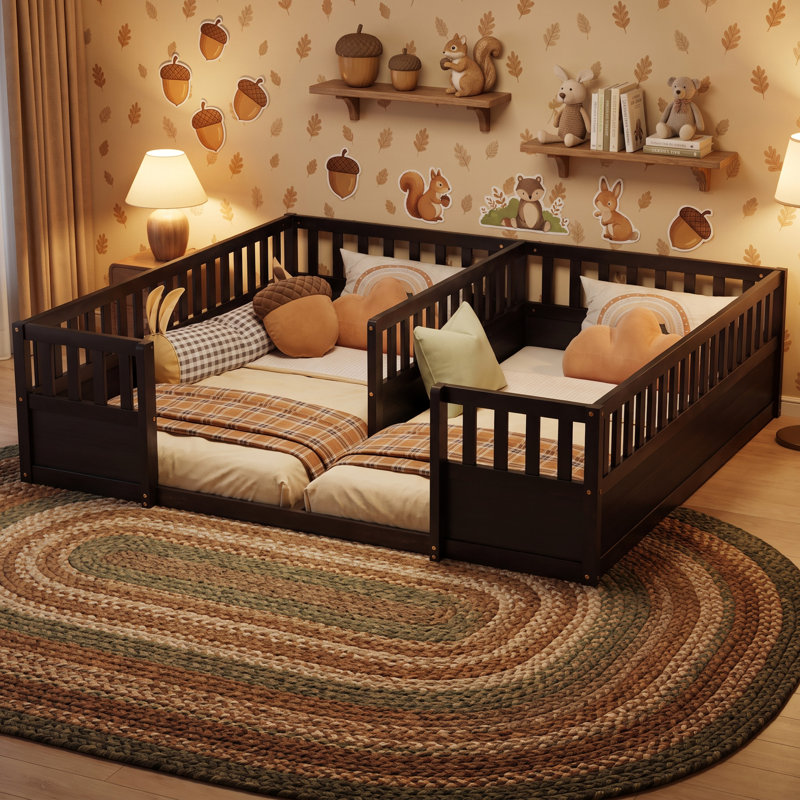 Lit double simple en pin massif avec plancher, finition peinte expresso, barrières de sécurité semi-fermées et entrée ouverte, plateforme de couchage basse partagée pour enfants
