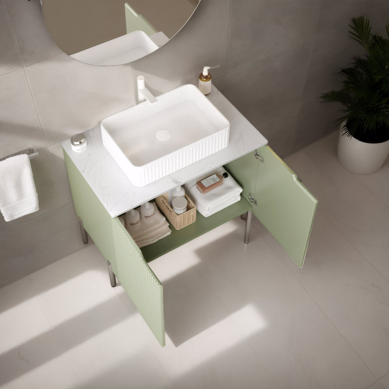 Meuble-lavabo 30 po, comptoir en pierre frittée Carrara, lavabo en céramique, Blanc, Vert