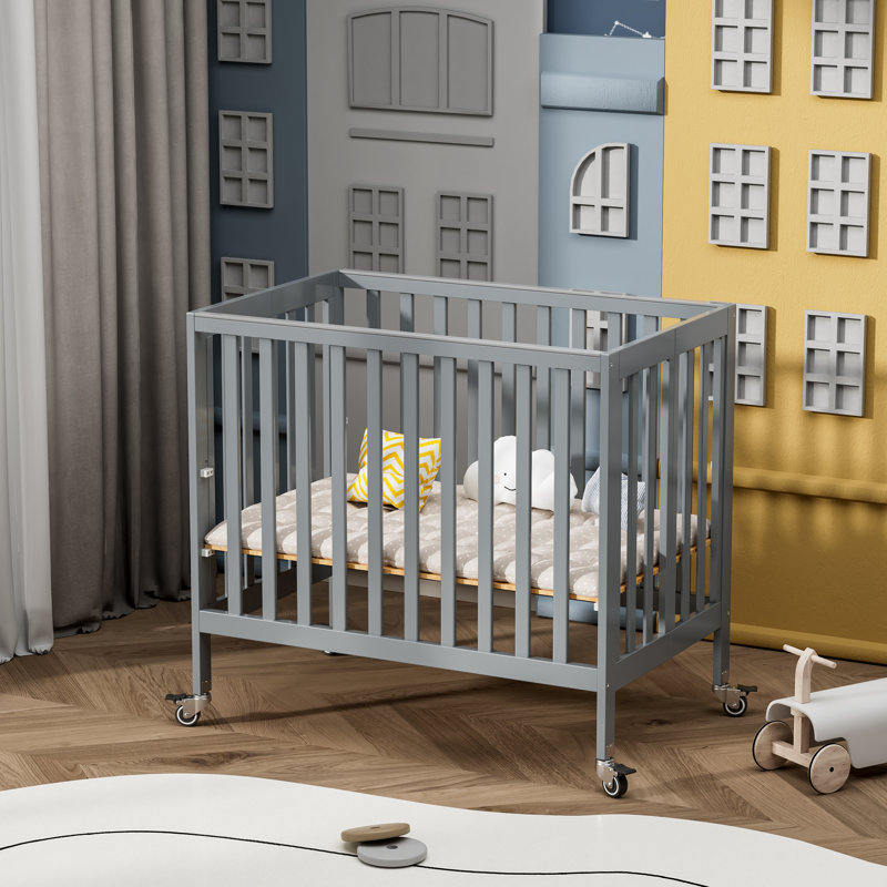 Hiltz Foldable Portable Crib With Mattress, Grey