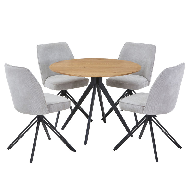 Aspen Round Dining Table with 4 Swivel Upholstered Fabric Chairs - Modern Dining Set, Light Oak, Grey