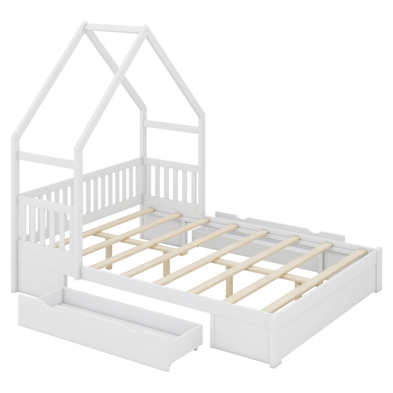 Lit plateforme avec garde-corps et tiroirs Wood House, Blanc