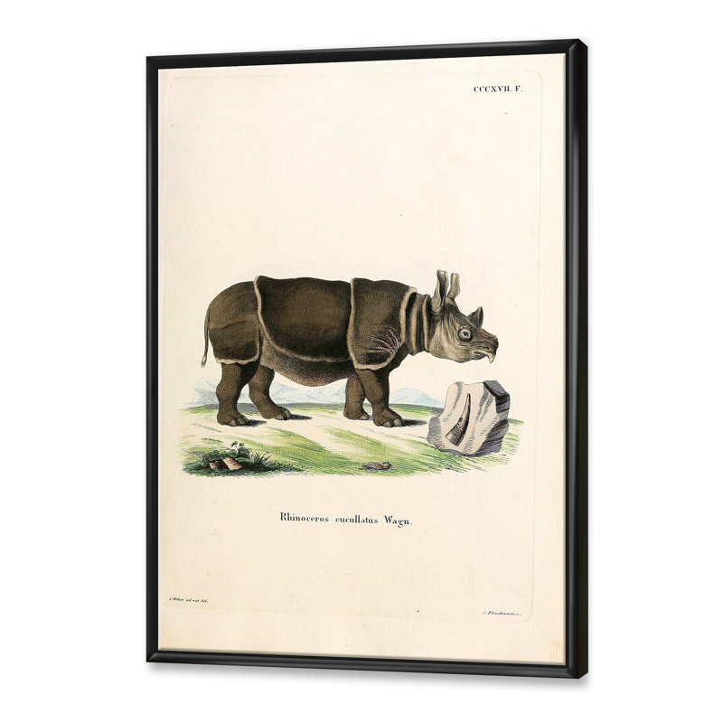 Rhinocéros rétro - peinture sur toile, H 32 po x l 24 po x P 1 po, Cadre flottant noir