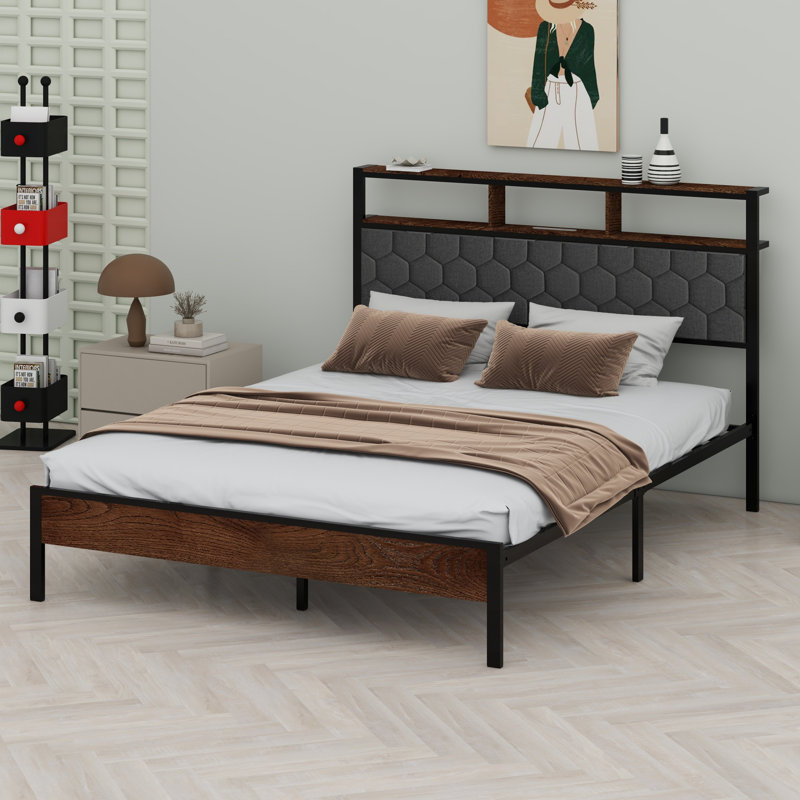Base de lit plateforme en bois, chevet avec emballage souple et 2 pièces, grand espace de rangement au bas du lit, Double