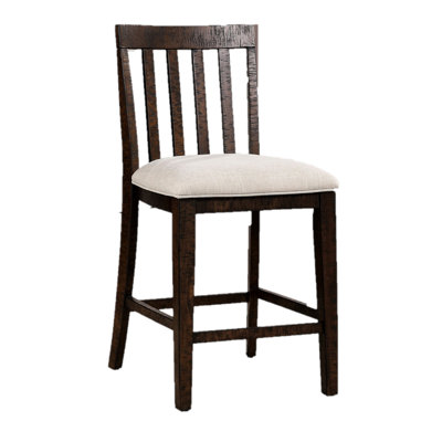 Chaise à hauteur de comptoir de style rustique (2 pièces), dossier en lattes de chêne, coussin de chaises en tissu beige, dossier pour la salle à manger