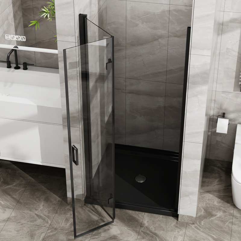 Porte de douche en verre - 34 po x 72 po noir trempé 180 rotations Poignée antirouille pliable Fuite 1/4 po pivotante transparente scellée économisant de l'espace pour les salles de bain