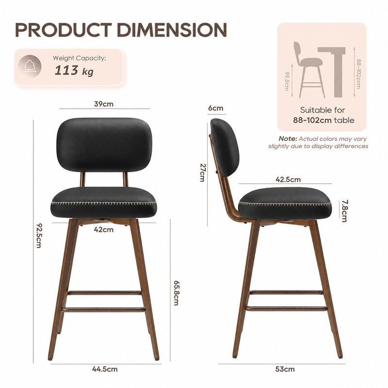 Swivel Upholstered Counter Stool with Metal Frame, Black