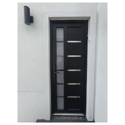 Front Exterior Prehung FiberGlass Door Frosted Glass Manux 8088 Matte Black Side Exterior Window Office Commercial and Residential Doors Entrance Patio Garage-W36+16 x H80-Right-hand Inswing
