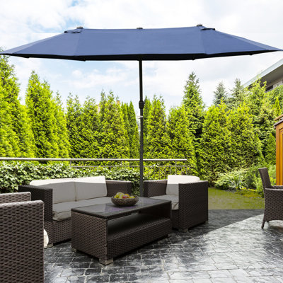 Parasol de patio de 15 pi, acier rectangulaire bleu foncé - auvent léger, manivelle, double face pour le jardin, patio antitaches, jardin
