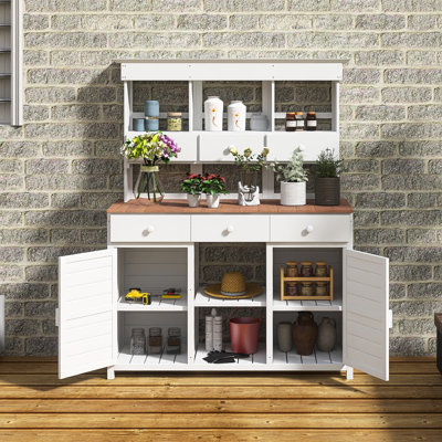 65.7'' H Tall Garden Potting Bench Table With Hutch In White｜Patio Storage Workstation With 3 Shelves,6 Drawers,2 Bottom,Cabinets&Side Hooks |Anti-Falling Devices | For Mudroom,Doorway