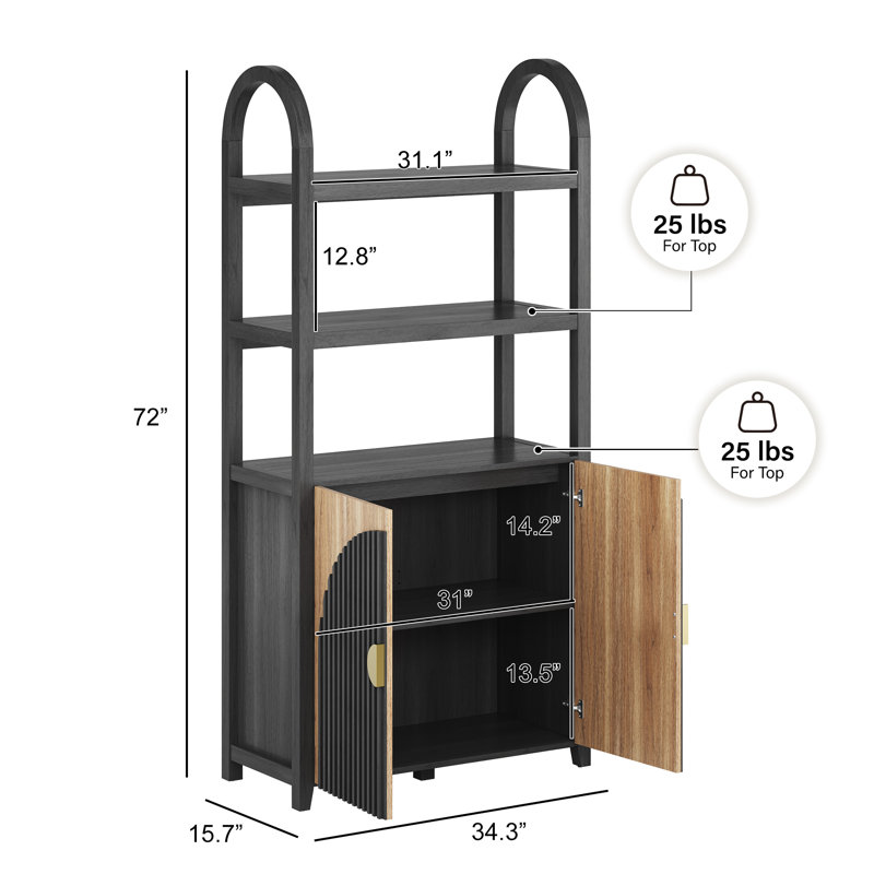 3 Tier Book Shelf 72" Tall Arched Bookcase With Storage, Camel