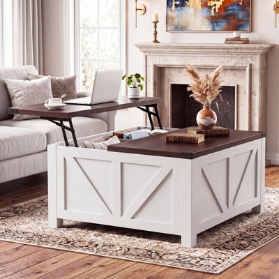 35.6" Square Lift Top Coffee Table with Built-in Power Outlets and Hidden Storage