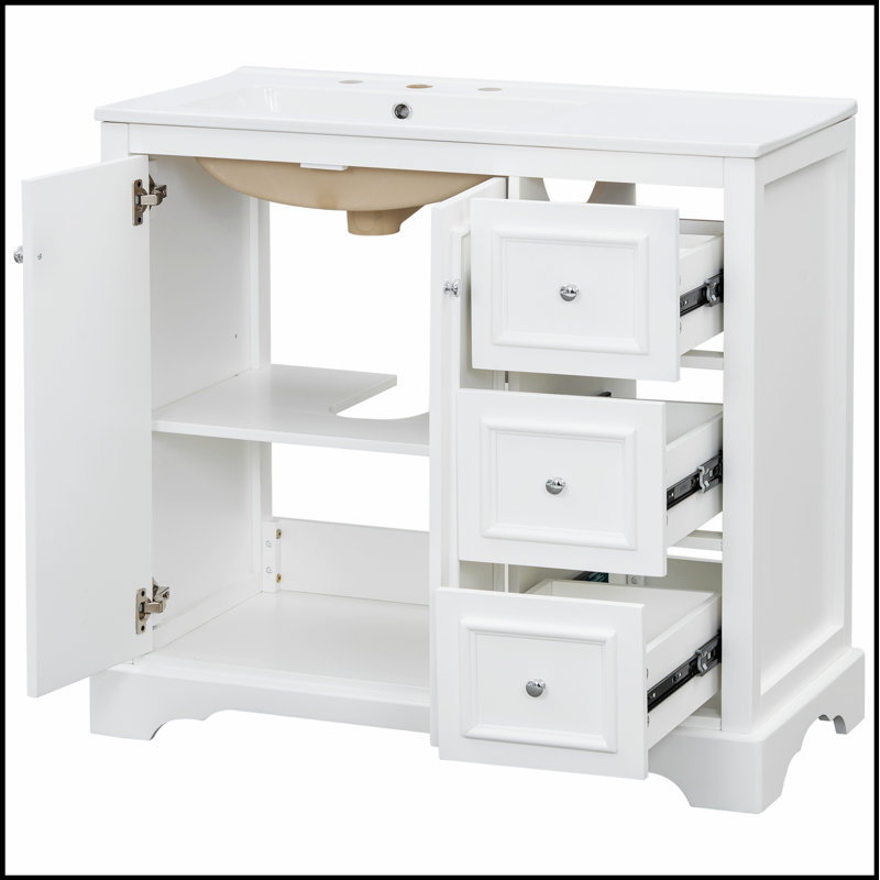 Meuble-lavabo transitionnel de 36 pouces avec lavabo en céramique, portes à fermeture douce, tablette réglable et grand espace de rangement