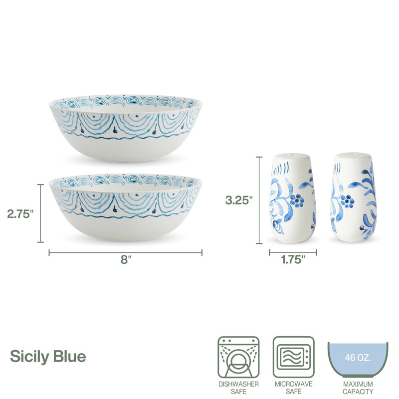 Fitz And Floyd Sicily Blue Serve Bowls And Salt And Pepper Set