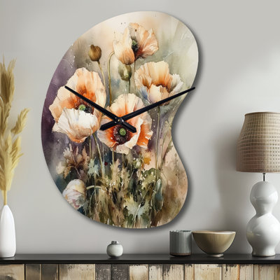 Orange pivoines Blooms II - horloge murale asymétrique en métal pivoines, impression d'horloge en métal de forme unique orange