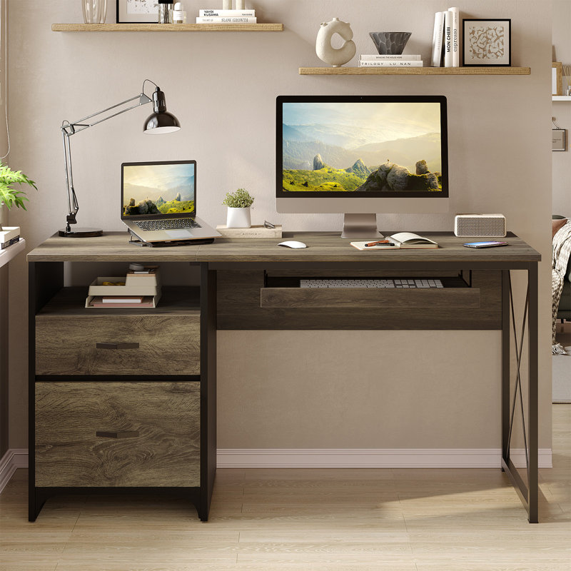 Bureau d'écriture avec plateau pour clavier Labelle, Gris rétro / chêne foncé