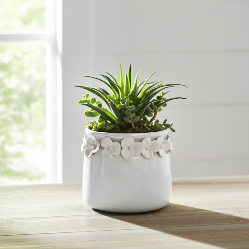 Planter Ceramic Round With Sculpted Floral Rim Detailing And Drainage Hole For Decorative Display Or Plant Support, White