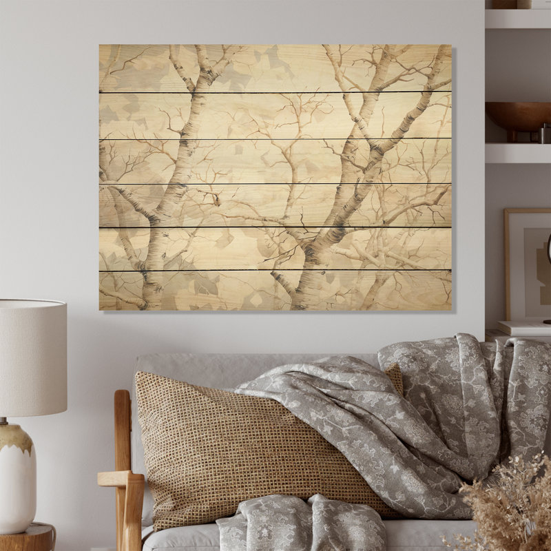 «Minimalims Beige Sycamores Secret I - Tree Sycamore», art mural sur bois de pin naturel, H 24 po x l 32 po