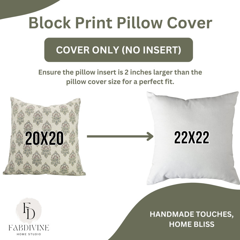 Artisan Floral Block Print Cushion Cover Boho Style Decorative Pillowcase for Living Room & Bedroom, Rectangular, 20"H x 14"W