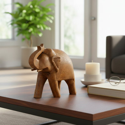 Figurine d'éléphant en bois de manguier exquise fabriquée à la main en brun naturel, parfaite pour la décoration intérieure