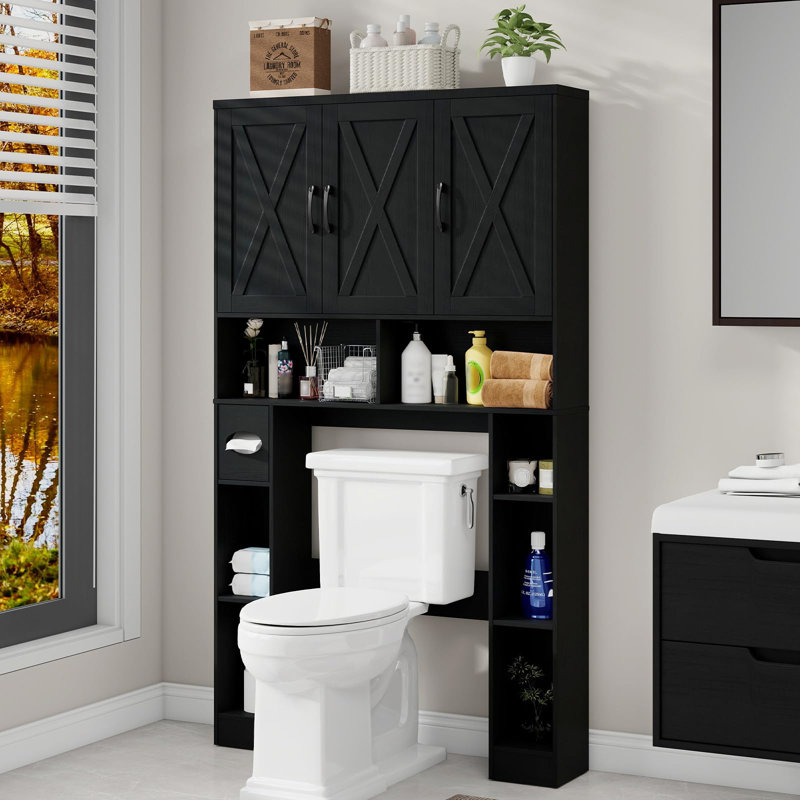 Over The Toilet Storage Cabinet With 3 Barn Doors, Pure Black