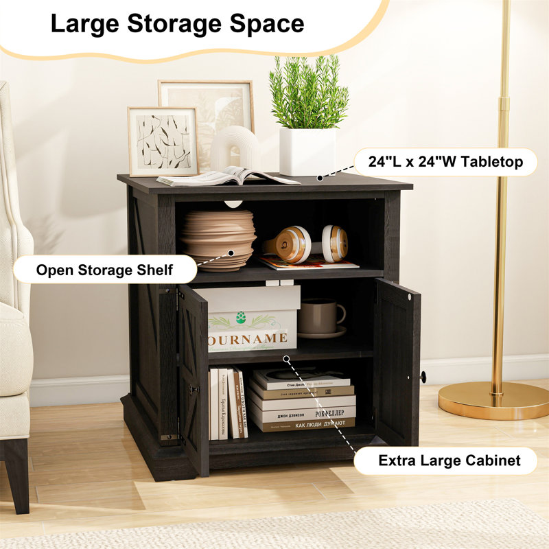 24" Farmhouse End Table&Nightstand  With Charging Station  And Barn Door, Black, 1
