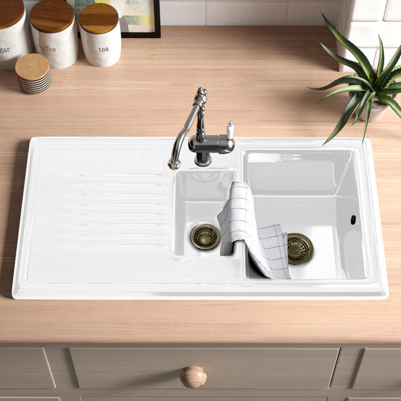 Traditional Kitchen Sink Ceramic 1.5 Bowl White Reversible Waste RL301CW, White