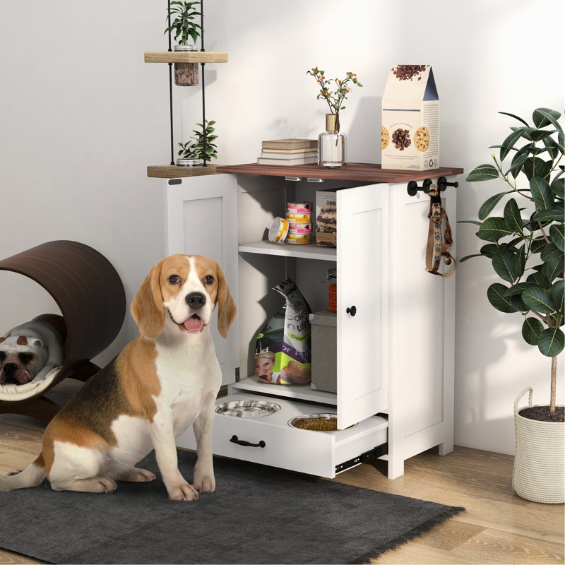 Medium Dog Food Cabinet With Hidden Bowls, Adjustable Panel, Hooks, Pure White Feeding Station Concealed Utensils,