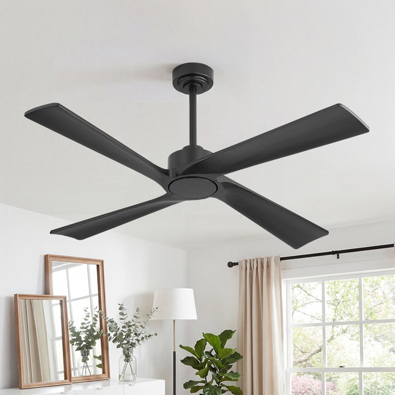 4-Solid Wood Blades Indoor Standard Ceiling Fan with Remote Down-Rod Mount, 54inch, Black, Black