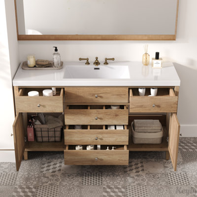 60" Bathroom Vanity with SMC Sink,Soft Close Drawers and Rattan Doors