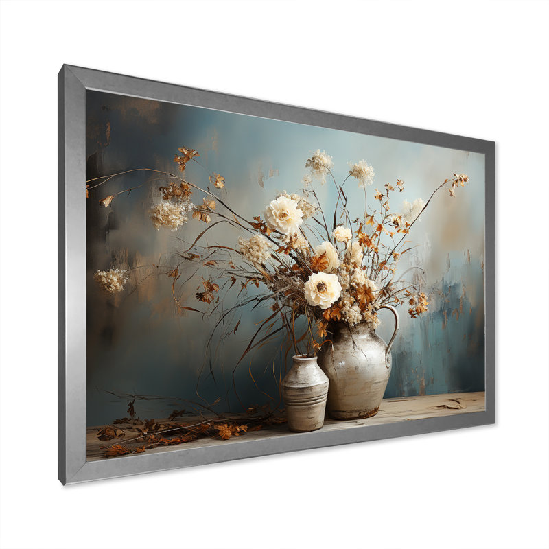 Floral, plante, bouquet, nature morte, vase, oasis, art mural pour salon, Cadre photo argenté, H 24 po x l 32 po x P 1 po