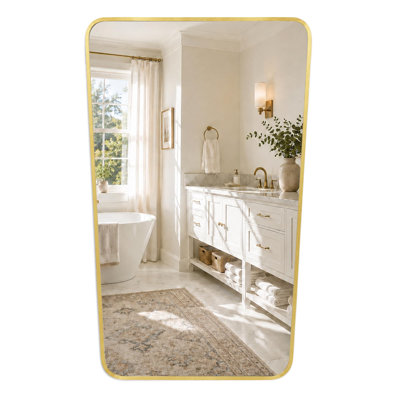 24" x 36" Modern Rounded Trapezoid Bathroom Vanity Mirror, Aluminum Framed Geometric Wall Mirror