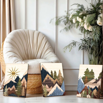 Ensemble de 3 affiches murales encadrées représentant un paysage de montagne sur toile. Motif de bois naturel veiné, pin et forêt. Décor rustique pour salon, chambre ou bureau. Œuvre d'art moderne inspirée de la nature.