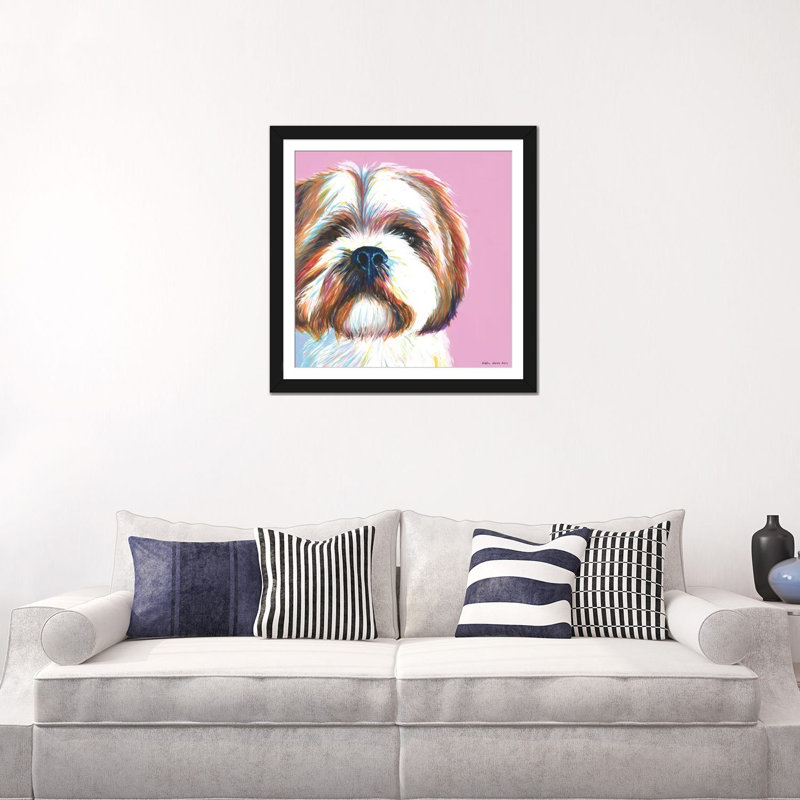 «Shih Tzu On Pink, Square» par Kirstin Wood, impression sur toile, H 24 po x l 24 po x P 1 po, Papier avec cadre noir, Blanc