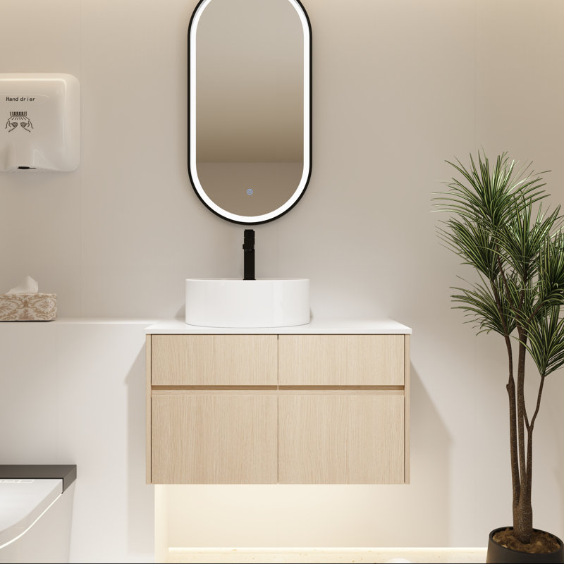 Meuble-lavabo mural 32 po avec tiroir à fermeture en douceur et lavabo en céramique, Chêne blanc
