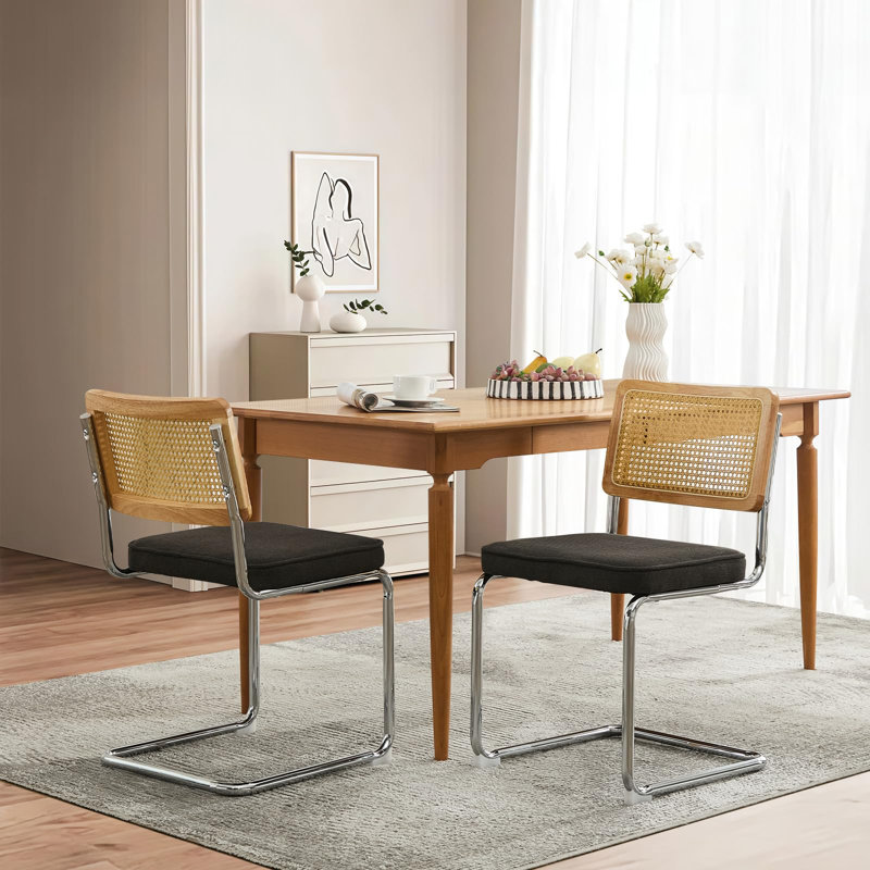 Ensemble de 2 chaises de salle à manger modernes en lin, dossier en rotin et base chromée, noir, Lin noir