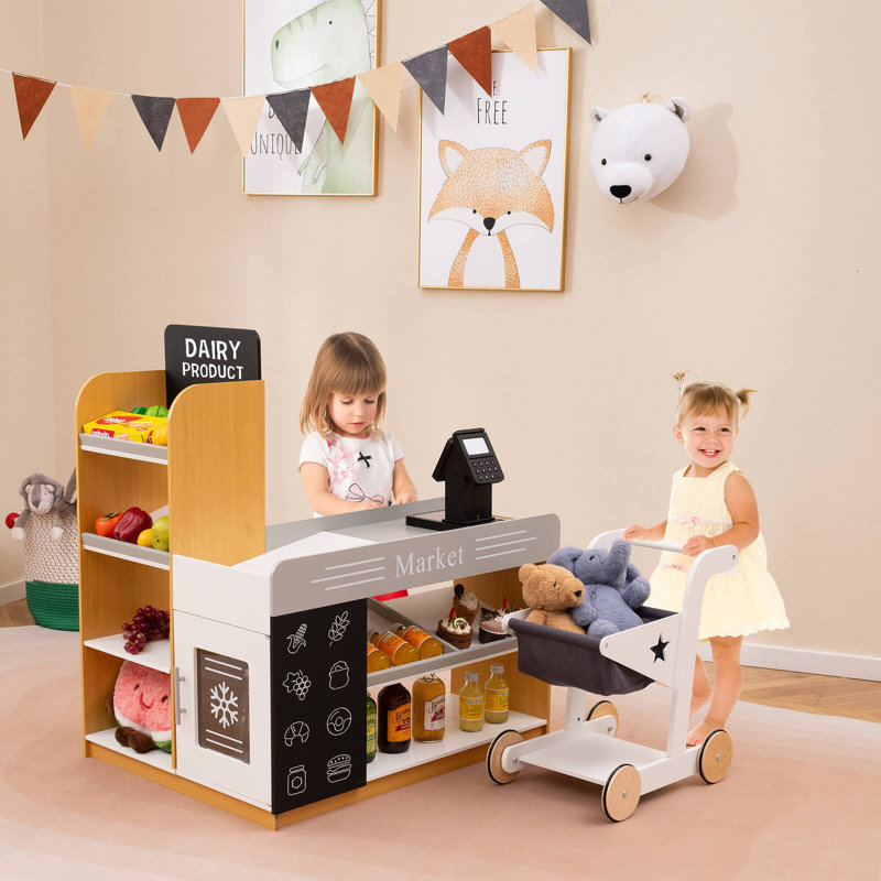 Kids Grocery Store With Shopping Cart Cash Register Scanner Blackboards Toddlers