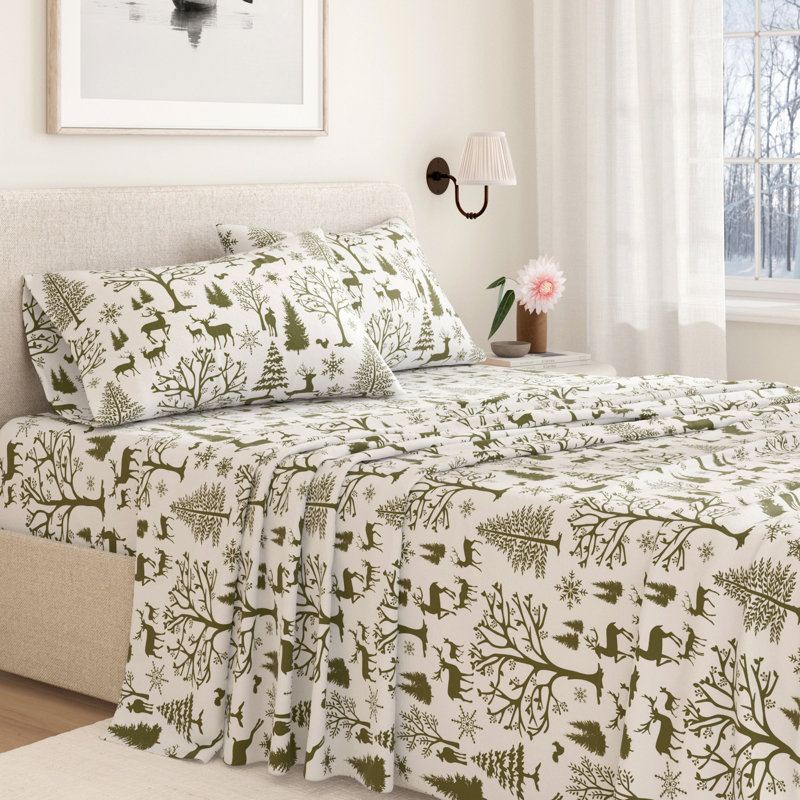 Ensemble de draps de Noël 100% flanelle de coton turc, Arbres / olive, Grand avec deux taies d'oreiller