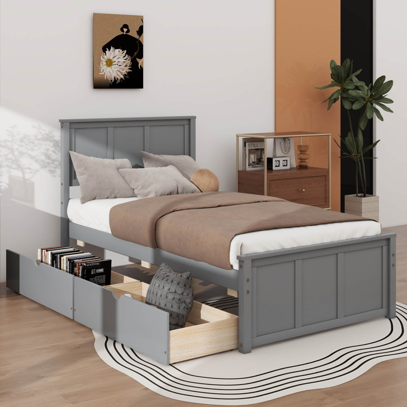 Twin Size Two-Drawer Platform Storage Bed, Gray