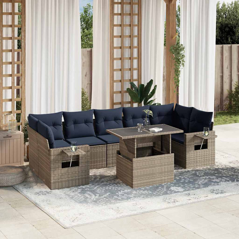  Ensemble de canapé de patio 8 pièces avec coussins en rotin de polyester gris, Gris, Marine