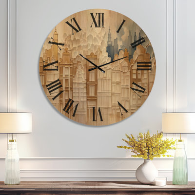 Horloge murale moderne grand format Folded Skyline - Beige, imprimée sur bois