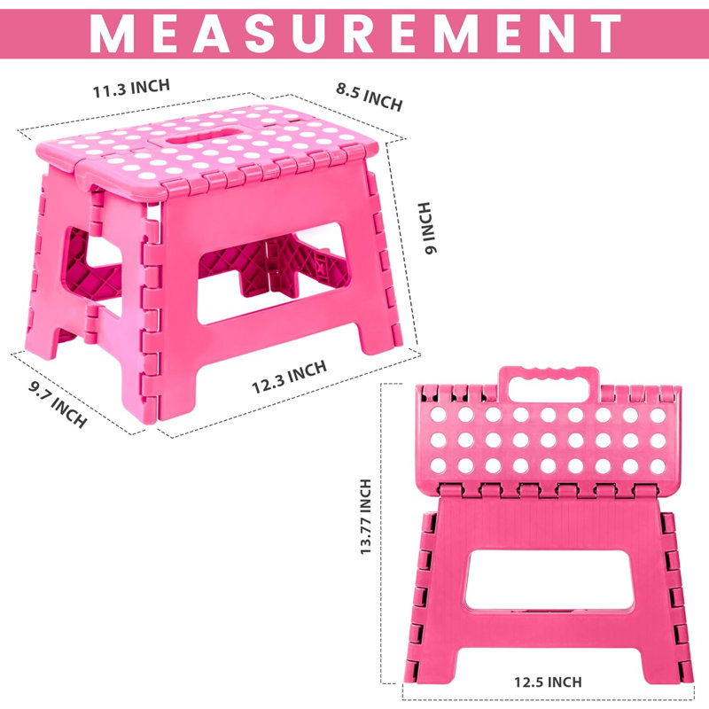 Marchepied pliable - (paquet de 2) marchepied avec hauteur de 9 pouces - peut supporter jusqu'à 300 lb - marchepied pliable léger en plastique pour la cuisine, la salle de bain et le salon (rose)