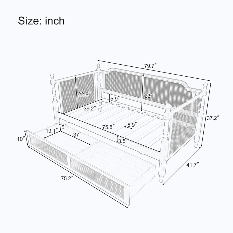 Traditional Style Rattan Daybed with 2 Drawers, Twin, White