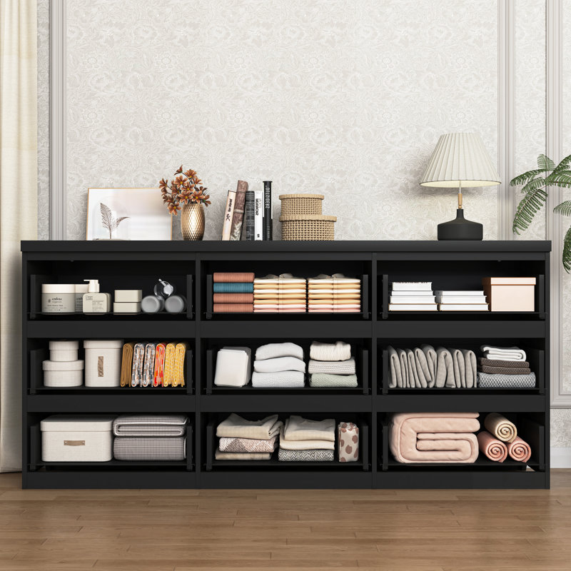 Commode 9 tiroirs sans poignée, bois mat moderne pour le rangement de la chambre à coucher et du salon, Noir