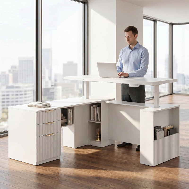 Bureau debout électrique en L de 63 po avec tiroirs, classeur, ports AC / USB, hauteur réglable avec panneau d'intimité pour les bureaux à domicile et les postes de travail informatiques, blanc